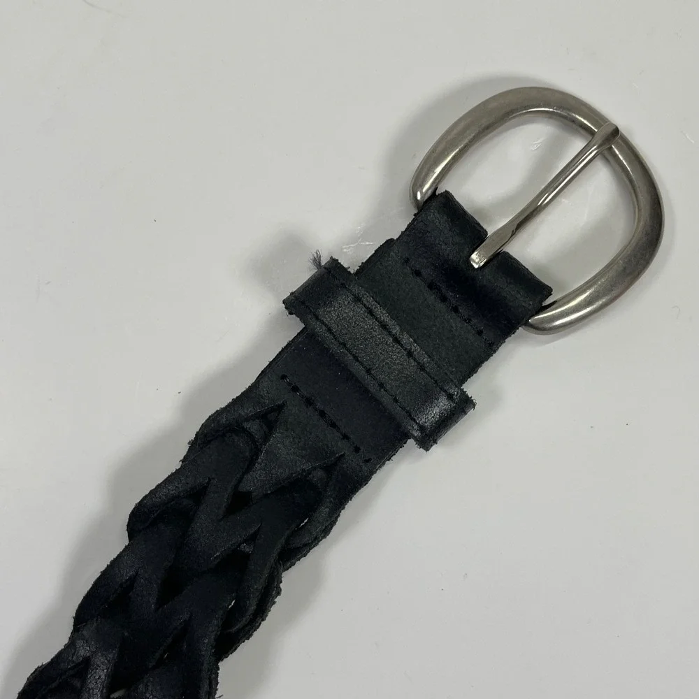 Vintage Genuine Leather Braided Woven Belt Womens 34 Black Silver Buckle Boho